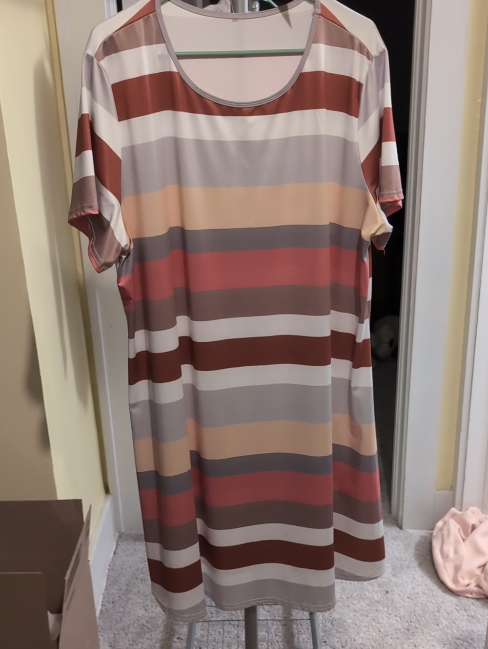 Striped Short-Sleeve Shift Dress in Muted Multi